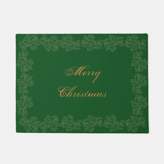 "Merry Christmas" Decorative Green Gold Doormat (Front)