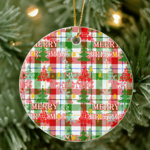 Merry Christmas Decorative Plaid Tartan Ceramic Tree Decoration