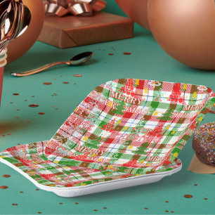 Merry Christmas Decorative Plaid Tartan  Paper Plate
