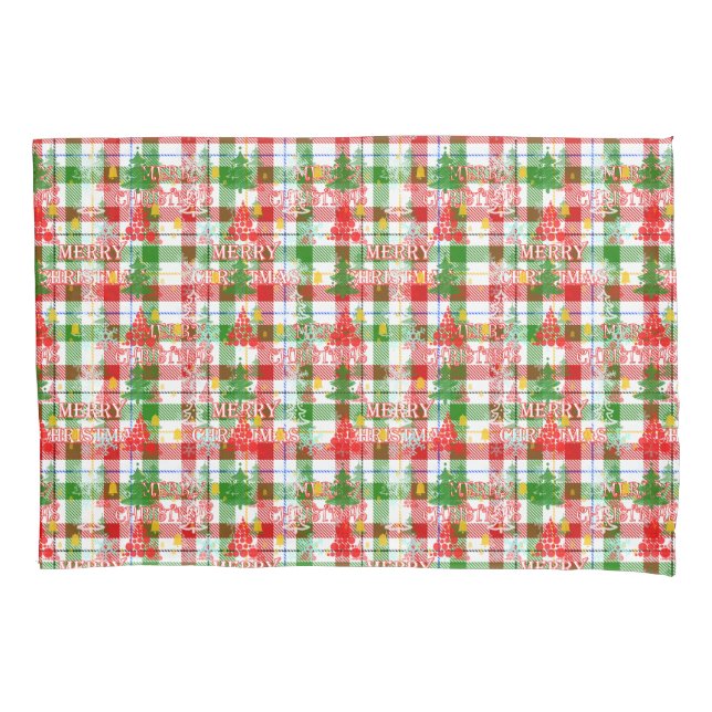 Merry Christmas Decorative Plaid Tartan  Pillowcase (Front)