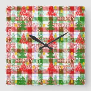 Merry Christmas Decorative Plaid Tartan  Square Wall Clock