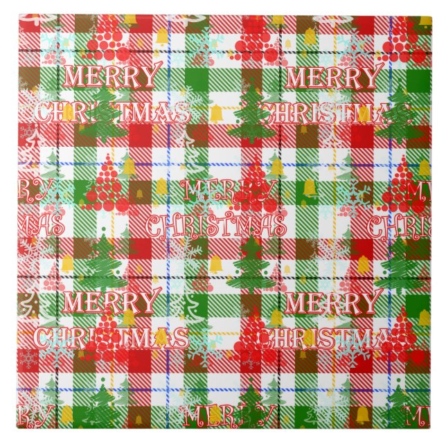 Merry Christmas Decorative Plaid Tartan  Tile (Front)