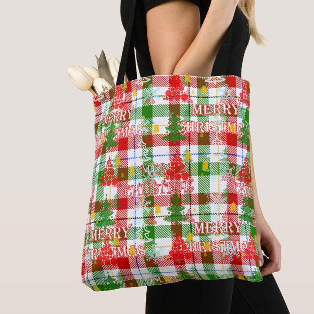 Merry Christmas Decorative Plaid Tartan  Tote Bag (Creator Uploaded)