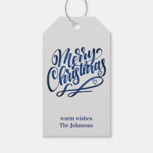 Merry Christmas Deep Blue Brush Script   Grey Gift Tags