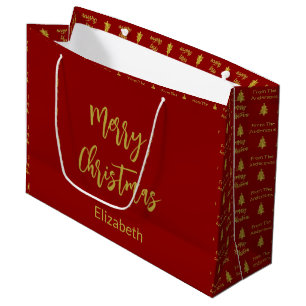 Merry Christmas Deep Red and Gold Names Trees Large Gift Bag