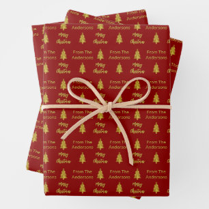 Merry Christmas Deep Red and Gold Names Trees Wrapping Paper Sheet