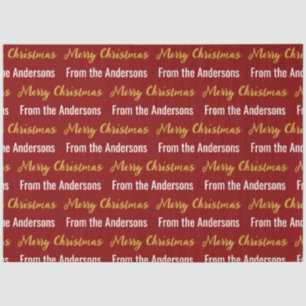 Merry Christmas Deep Red White Gold Script Name Tissue Paper