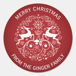 Merry Christmas Deer and Swirls Round Sticker