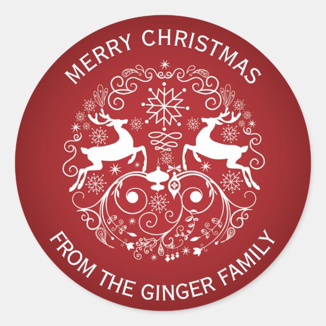 Merry Christmas Deer and Swirls Round Sticker (Front)