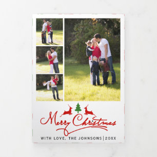 Merry Christmas deer and tree and photo collage Tri-Fold Holiday Card