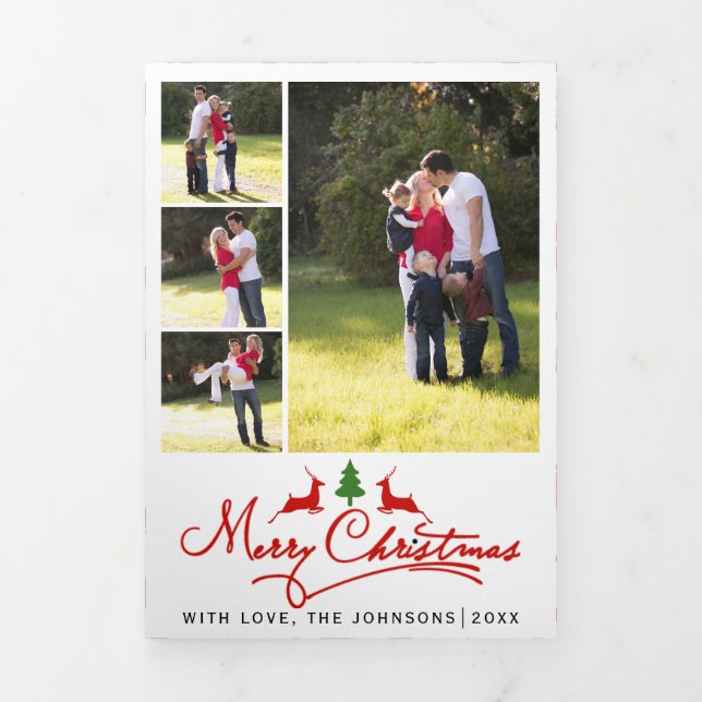 Merry Christmas deer and tree and photo collage Tri-Fold Holiday Card (Cover)