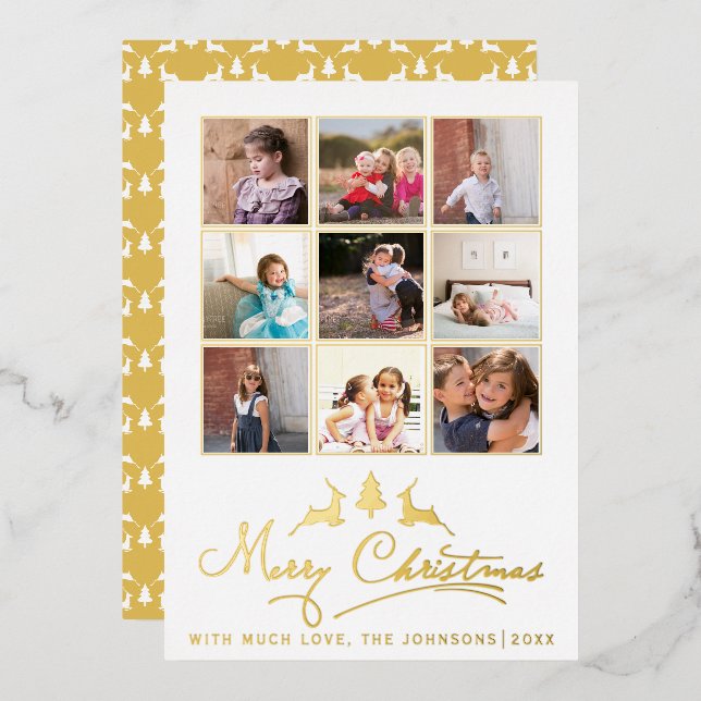 Merry Christmas deer and tree photo collage gold Foil Holiday Card (Front/Back)