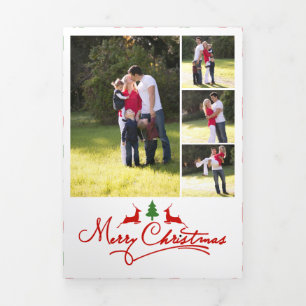 Merry Christmas deer and tree, photo collage Tri-Fold Holiday Card