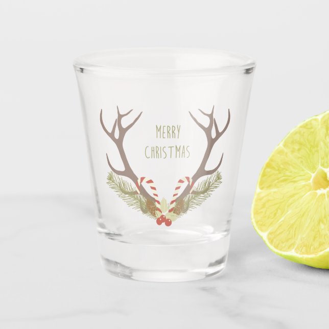 Merry Christmas Deer Antler wreath candy cane Shot Glass (Front)
