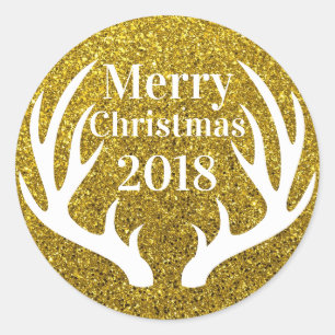 Merry Christmas Deer Antlers Faux Gold Glitter Classic Round Sticker