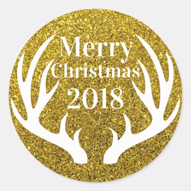 Merry Christmas Deer Antlers Faux Gold Glitter Classic Round Sticker (Front)