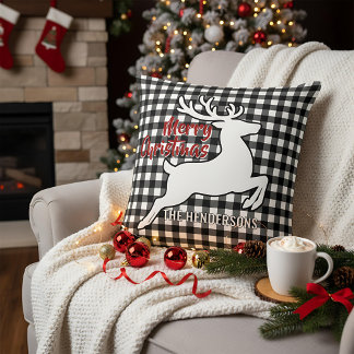 Merry Christmas Deer Black & White Plaid Name Thro Cushion