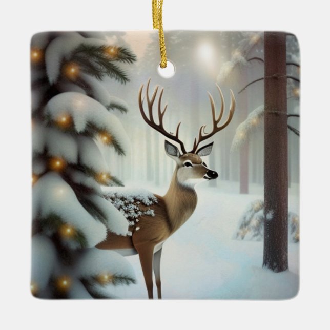 Merry Christmas Deer Ceramic Ornament (Front)