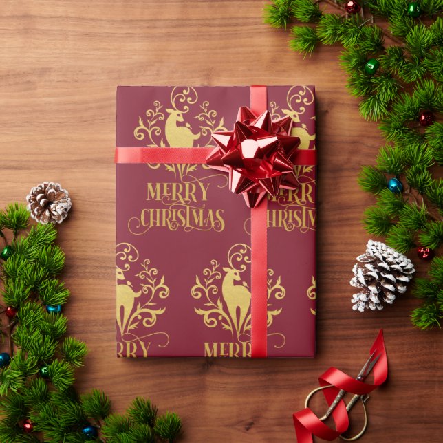 Merry Christmas Deer Gold Red Modern   Wrapping Paper (Holiday Gift)
