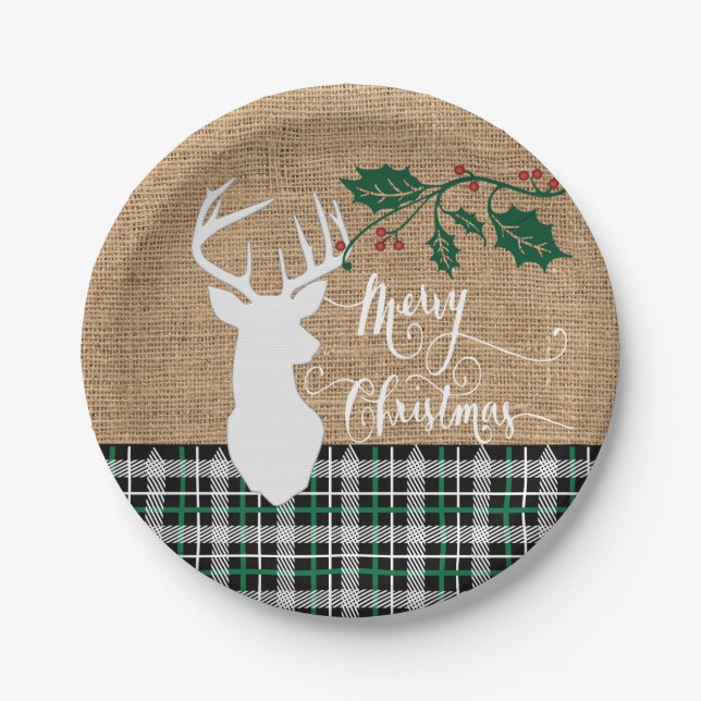 Merry Christmas Deer - Green Plaid Paper Plate (Front)