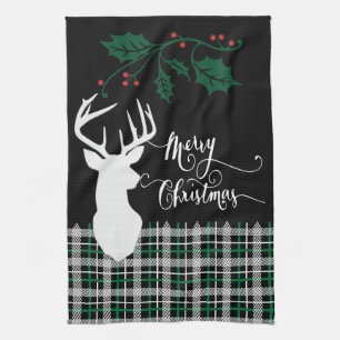 Merry Christmas Deer - Green Plaid Tea Towel