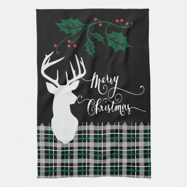 Merry Christmas Deer - Green Plaid Tea Towel (Vertical)