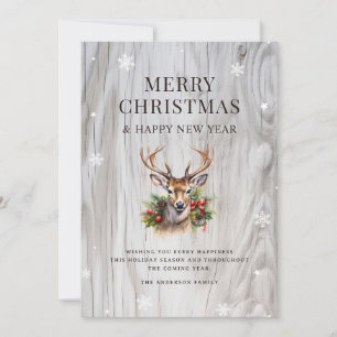 Merry Christmas Deer Holly Rustic Wood Snowflake Holiday Card