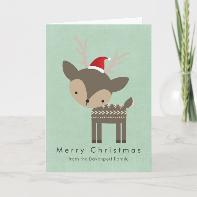 Merry Christmas Deer In A Red Santa Hat Retro Holiday Card (Front)