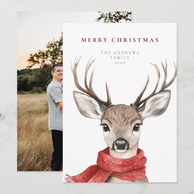 Merry Christmas Deer in a Red Scarf Holiday Card (Front/Back)