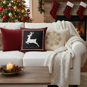 Merry Christmas deer on plaid Cushion