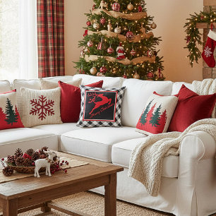 Merry Christmas deer on plaid Cushion