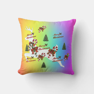Merry Christmas Deer Rainbow Holiday Throw Pillow
