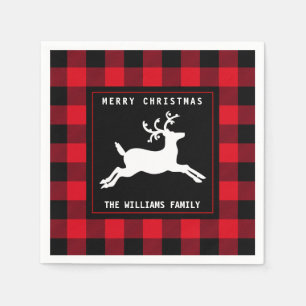 Merry Christmas Deer Red Black Buffalo Check Napkin