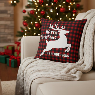 Merry Christmas Deer Red & Black Plaid Custom Name Cushion