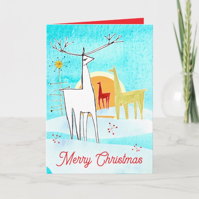 Merry Christmas Deer Snow Sunrise Holiday Tree Card (Front)
