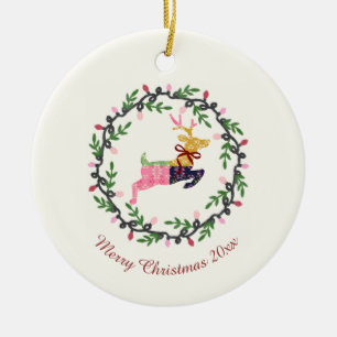 Merry Christmas Deer with Wreath Customize Ceramic Tree Decoration