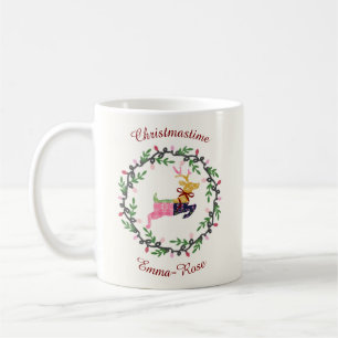 Merry Christmas Deer with Wreath Customize Coffee Mug