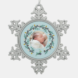 Merry Christmas Deer with Wreath Teal Snowflake Pewter Christmas Ornament