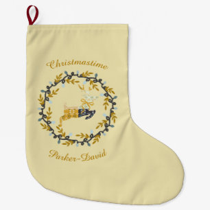 Merry Christmas Deer with Wreath Yellow Customize Large Christmas Stocking