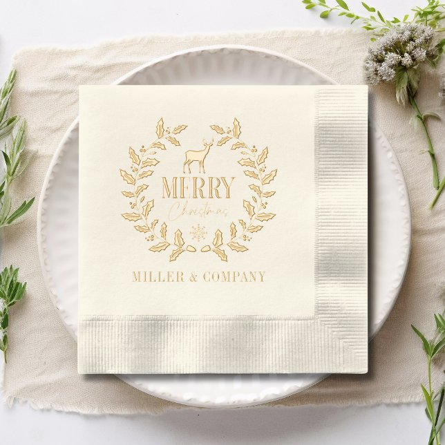 Merry Christmas Deer Wreath Corporate Personalised Foil Napkins (Creator Uploaded)
