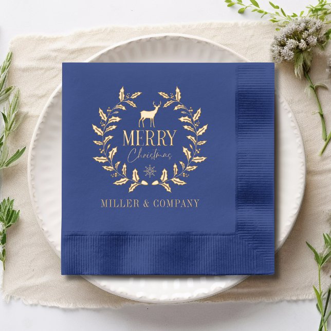 Merry Christmas Deer Wreath Corporate Personalised Foil Napkins (Creator Uploaded)