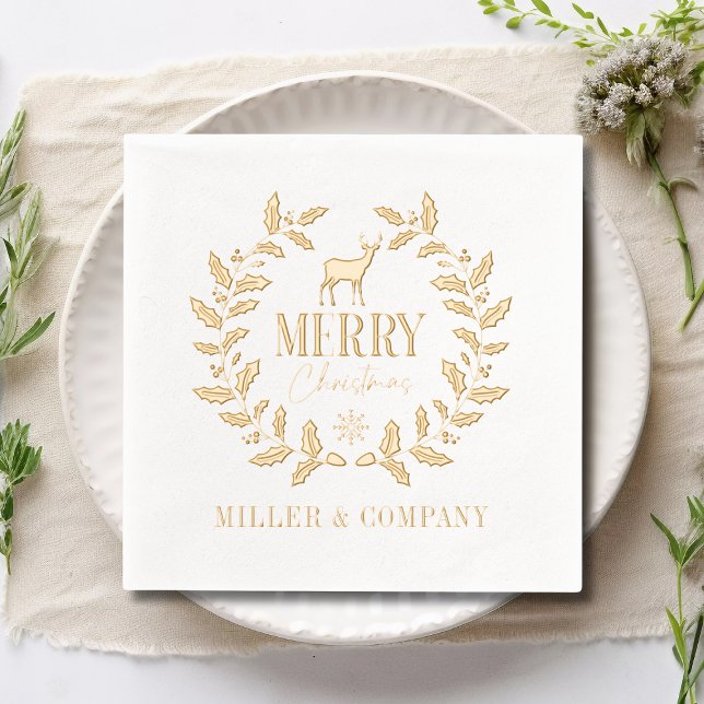 Merry Christmas Deer Wreath Corporate Personalised Foil Napkins (Creator Uploaded)