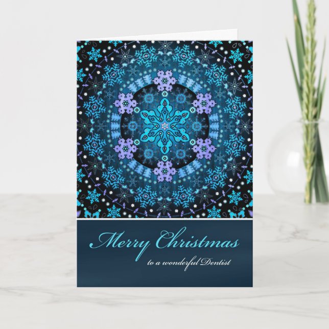 Merry Christmas Dentist, Blue Boho Snowflakes Holiday Card (Front)