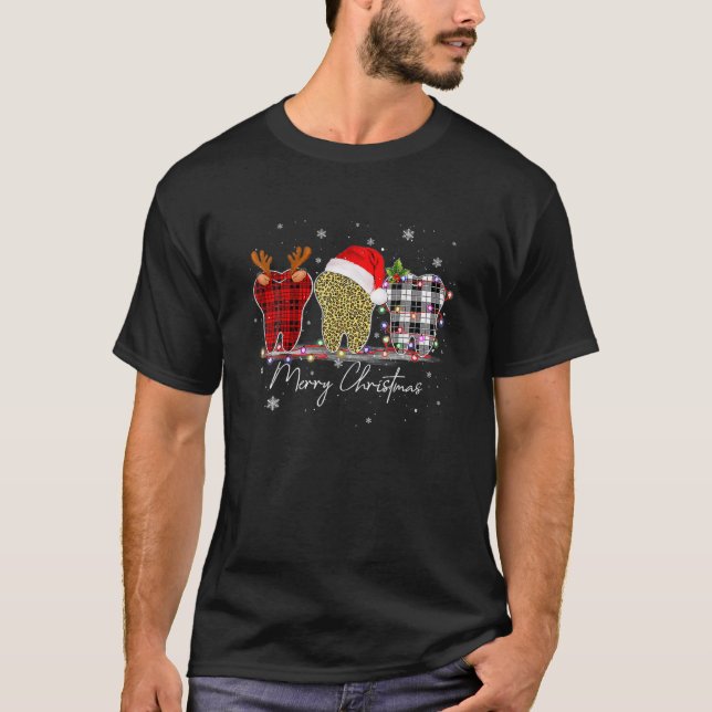 Merry Christmas Dentist Teeth Santa Hat Xmas Leopa T-Shirt (Front)