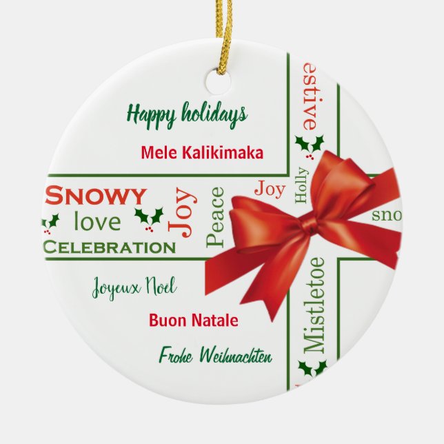 Merry Christmas different languages Ceramic Tree Decoration (Front)