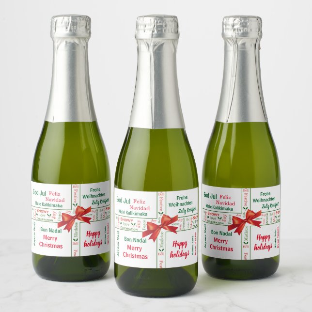 Merry Christmas different languages personalised Sparkling Wine Label (Bottles)