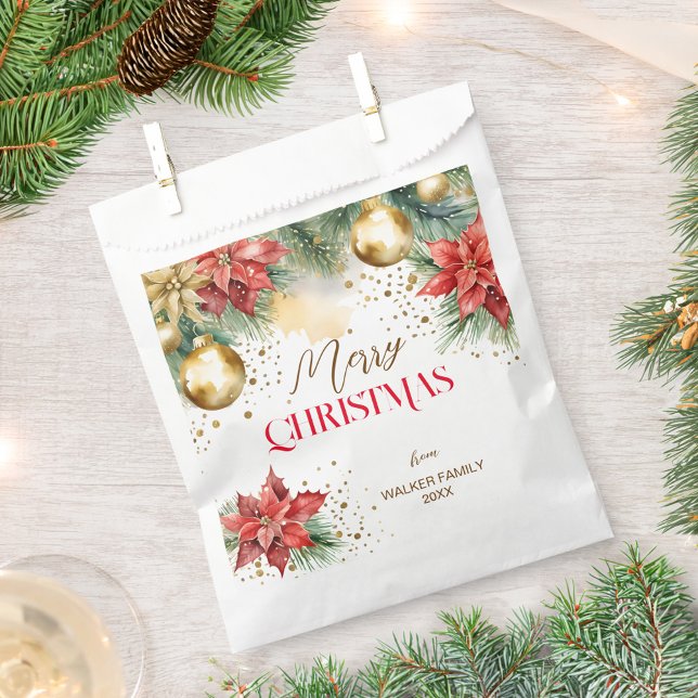 Merry Christmas dinner party Favour Bags (Merry Christmas dinner party Favor Bag watercolor pines red poinsettia gold baubles)