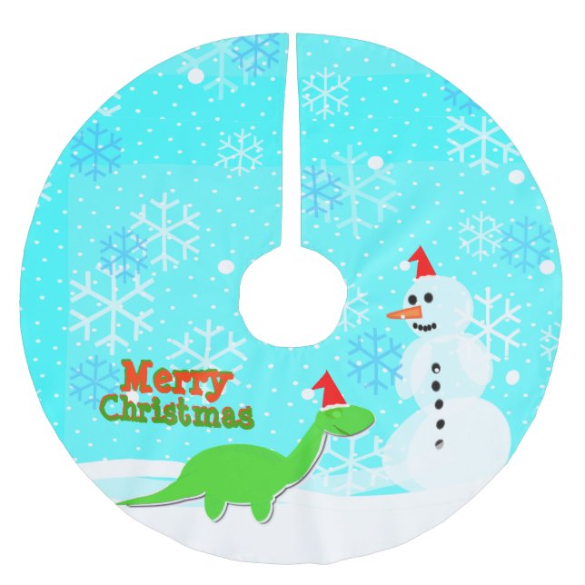 Merry Christmas Dinosaur and Snowman Brushed Polyester Tree Skirt (Front)