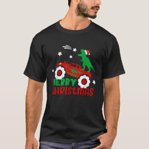 Merry Christmas Dinosaur Riding Monster Truck Boys T-Shirt