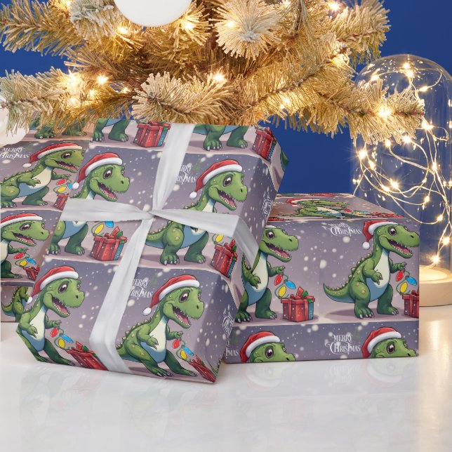 Merry Christmas Dinosaur with Present Wrapping Paper (Holidays)